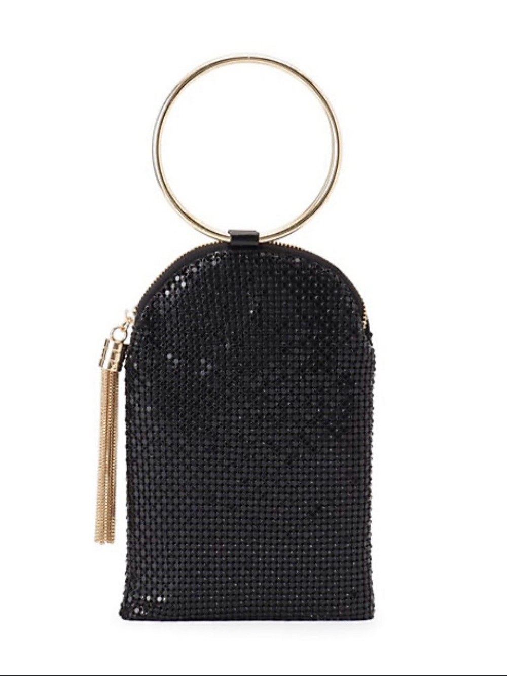 Black Crystal Mesh Wristlet with Gold Ring Handle